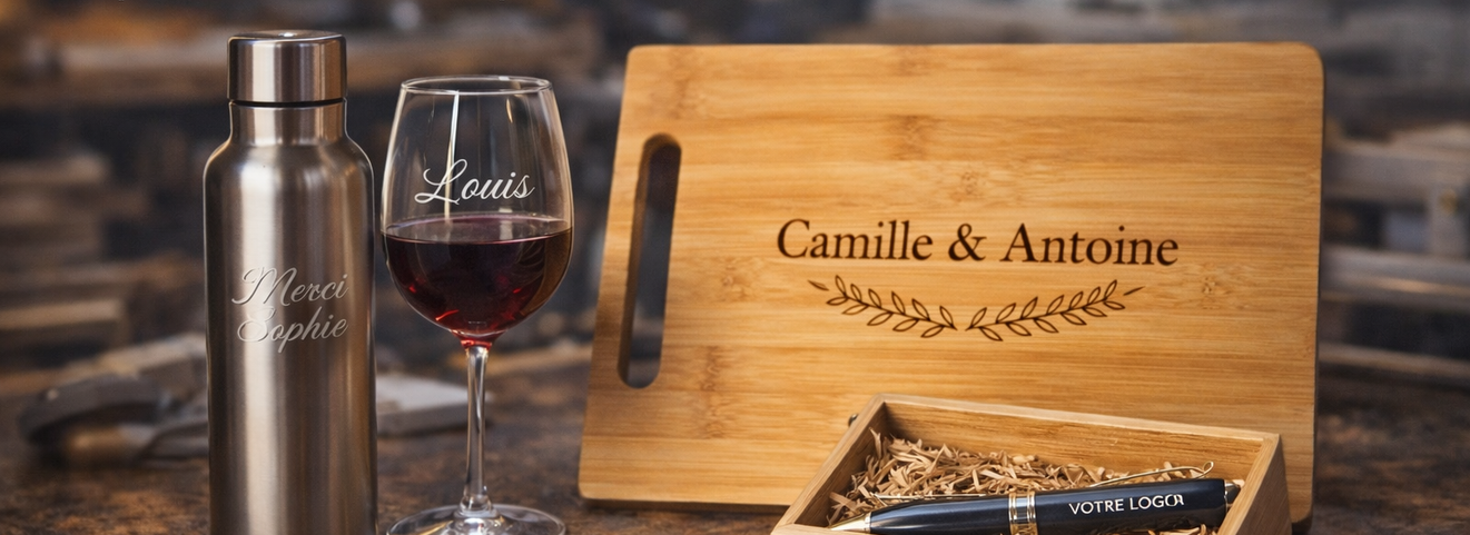 Exemple de gravure laser personnalisée : logo et texte gravés avec précision par Grav’Azur