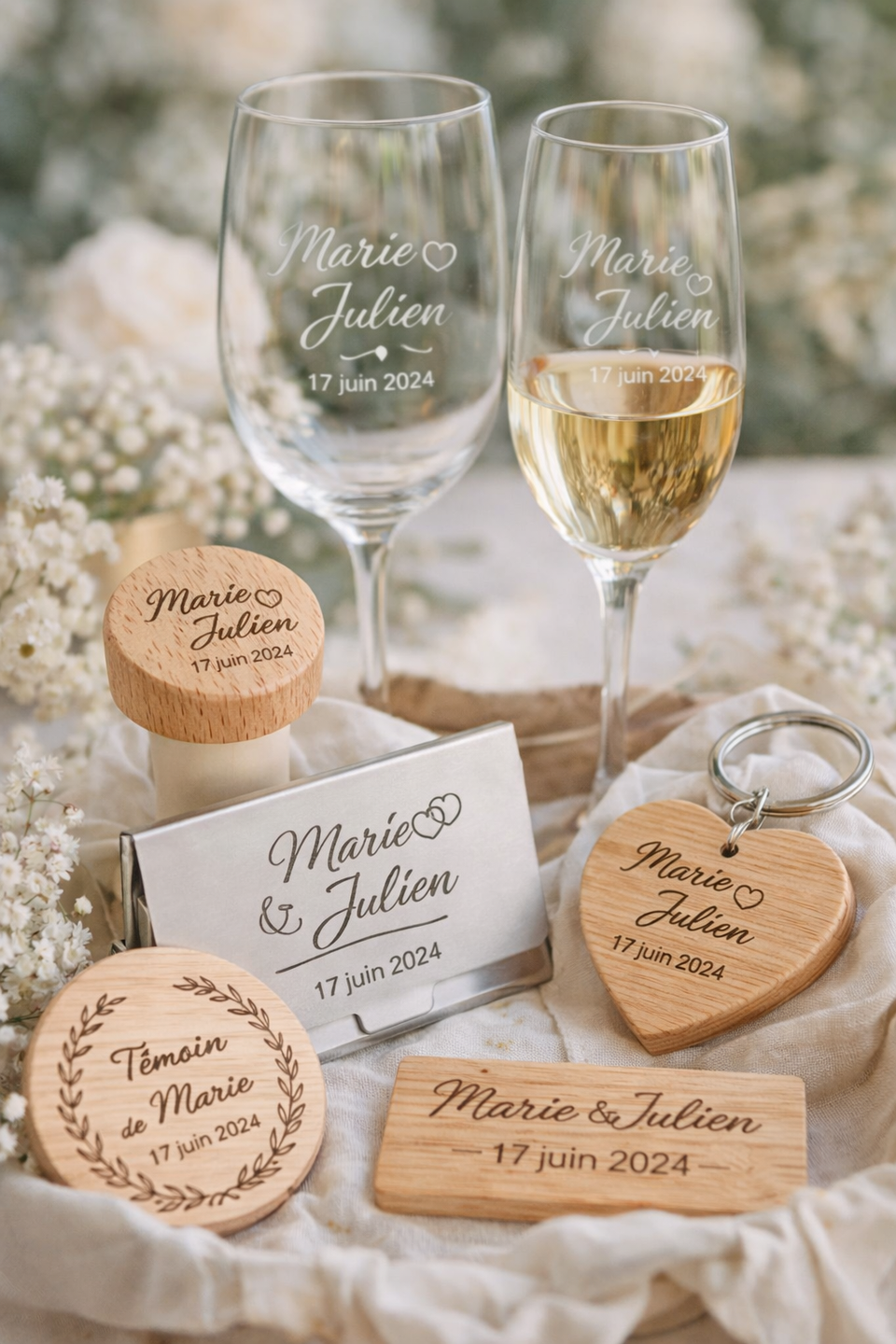 Cadeaux de mariage personnalisés gravés en bois, verre et inox – Grav’Azur Nice