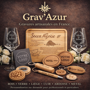 Gravure laser à Nice sur objets personnalisés en bois, verre, métal et cuir par Grav’Azur