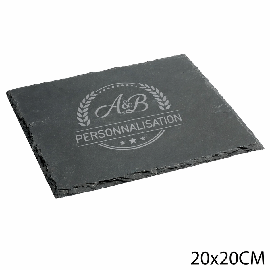 Plateau carré en ardoise naturelle 20x20 cm personnalisé avec gravure laser blanche – planche de présentation élégante pour apéritif, restaurant ou cadeau