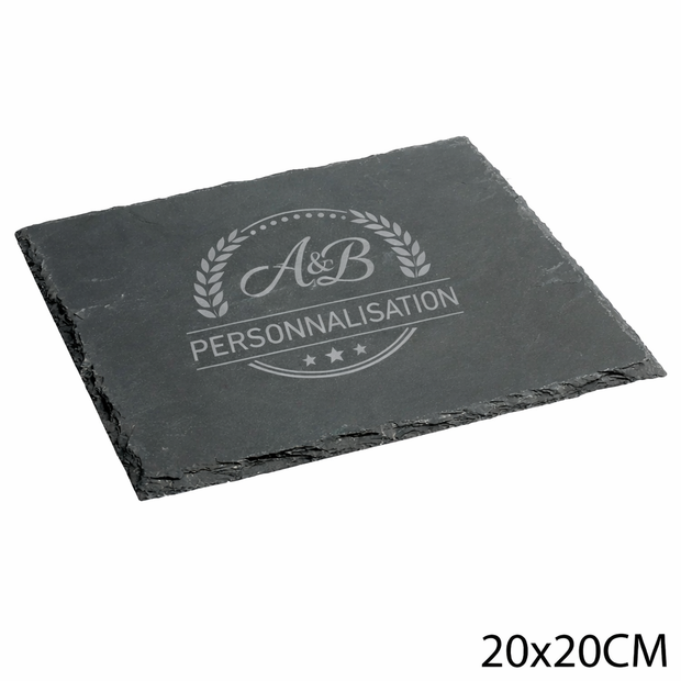 Plateau carré en ardoise naturelle 20x20 cm personnalisé avec gravure laser blanche – planche de présentation élégante pour apéritif, restaurant ou cadeau