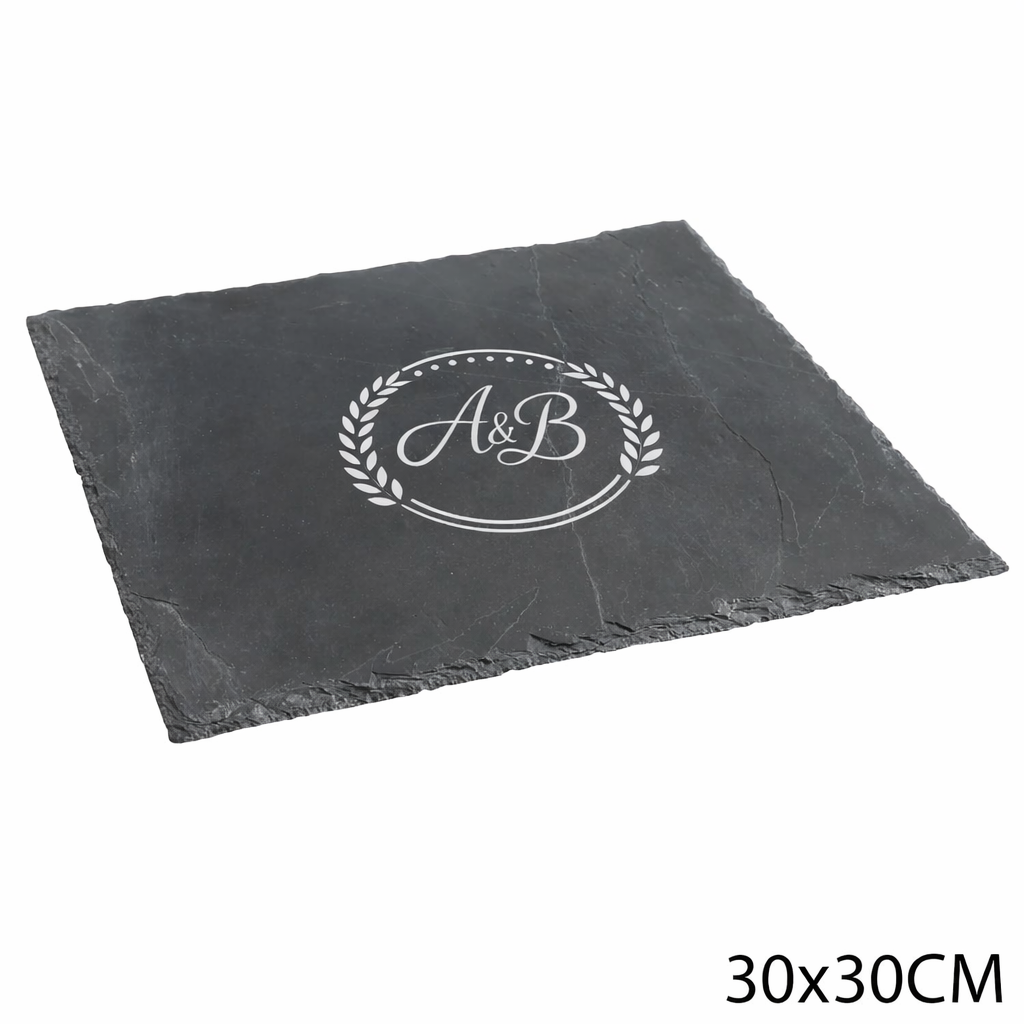 Plateau carré en ardoise naturelle 30x30 cm personnalisé avec gravure laser blanche – planche de présentation haut de gamme pour apéritif ou restauration