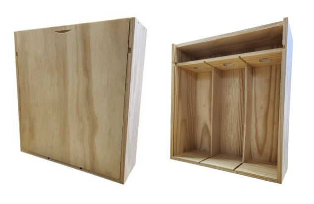 Coffret 3 bouteilles bois + 2 verres à vin