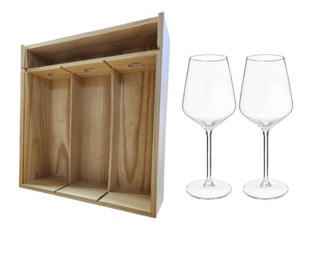 Coffret 3 bouteilles bois + 2 verres à vin
