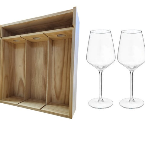 Coffret 3 bouteilles bois + 2 verres à vin