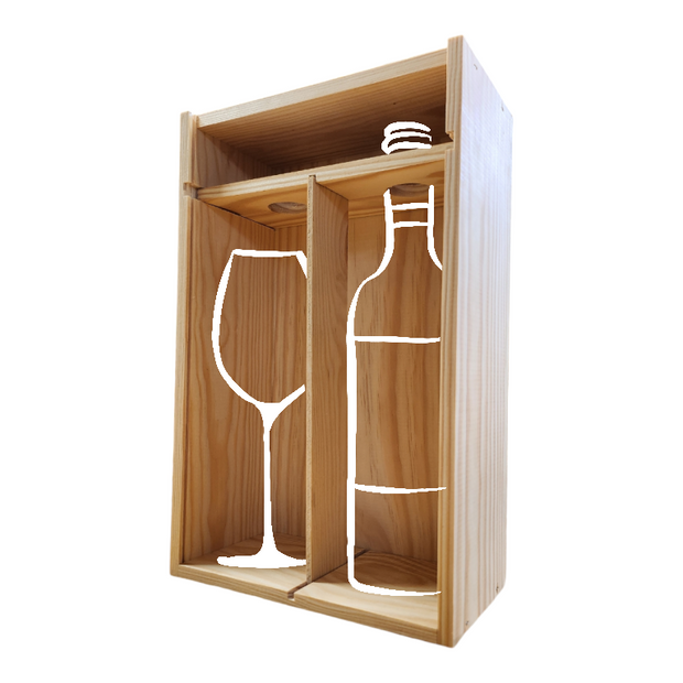 Coffret 2 bouteilles bois + 1 verre à vin