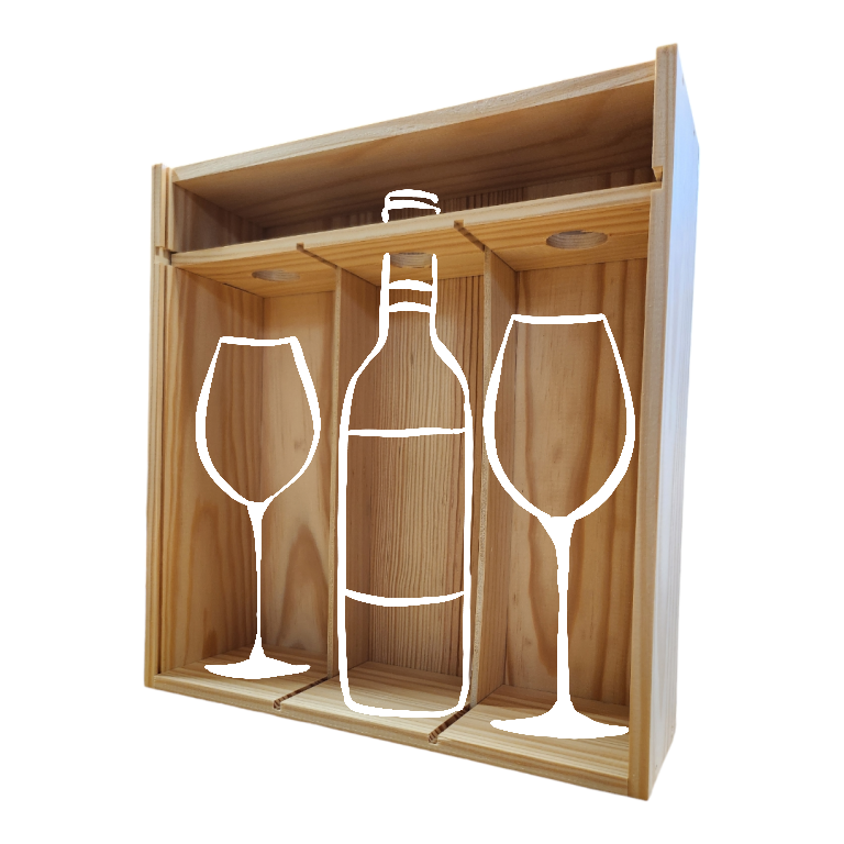 Coffret 3 bouteilles bois + 2 verres à vin