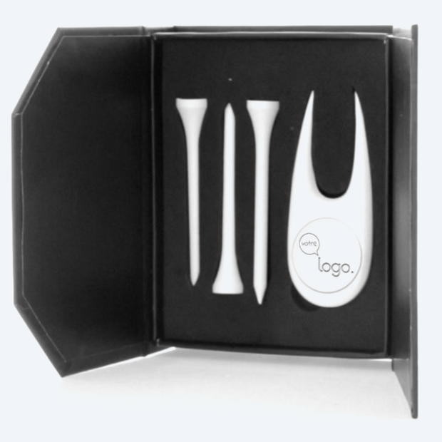 Coffret de golf personnalisé avec relève-pitch et tees gravés – Grav’Azur Nice