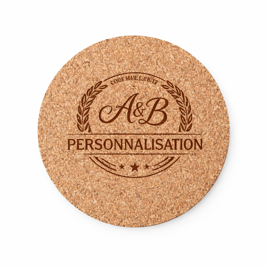 Dessous de verre rond en liège naturel personnalisé avec gravure laser – accessoire de table écologique et idée cadeau personnalisée