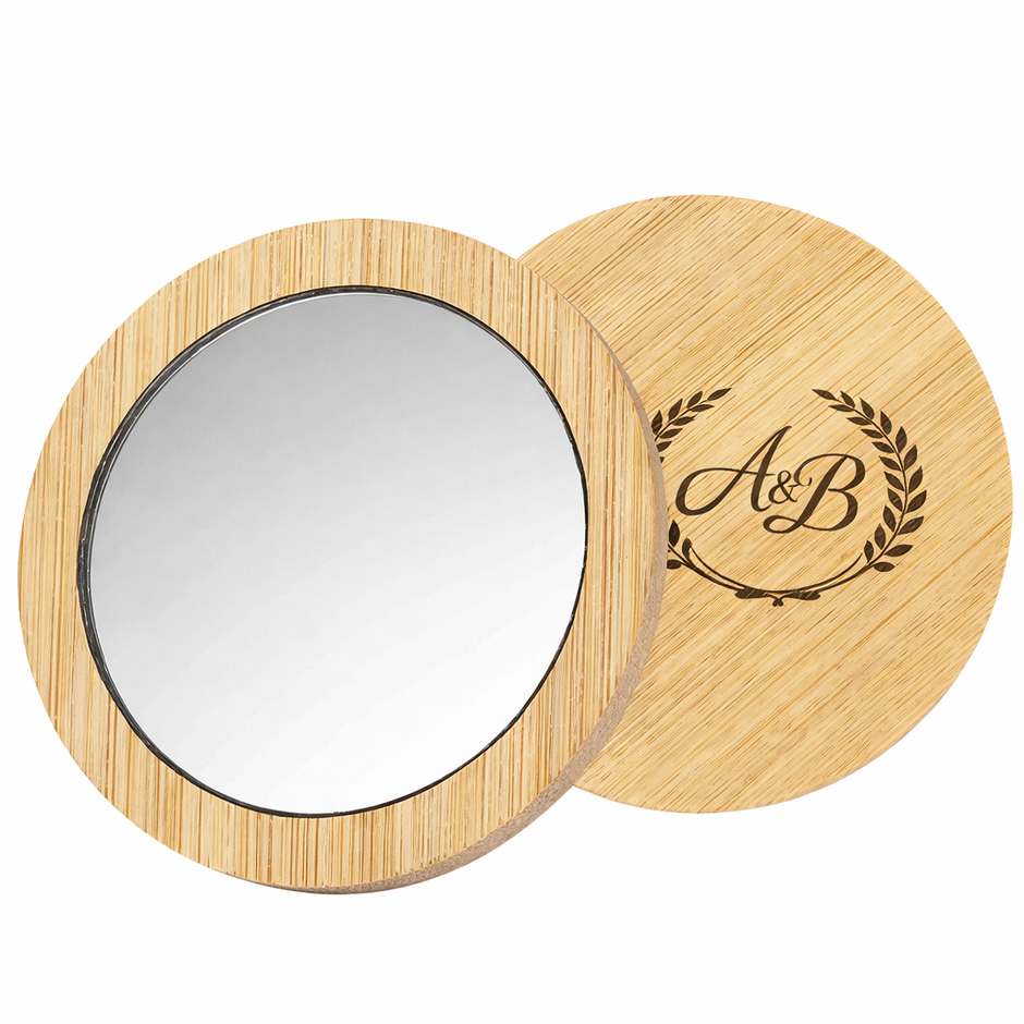 Miroir de poche rond en bambou personnalisé avec gravure laser – accessoire beauté écologique et idée cadeau personnalisée