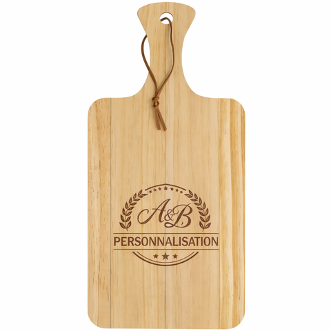 Planche à découper en bambou personnalisée avec gravure laser – planche de cuisine en bois naturel avec poignée et lien en cuir, idée cadeau personnalisée