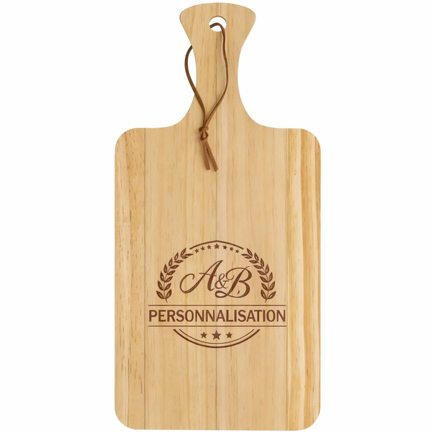 Planche à découper en bambou personnalisée avec gravure laser – planche de cuisine en bois naturel avec poignée et lien en cuir, idée cadeau personnalisée