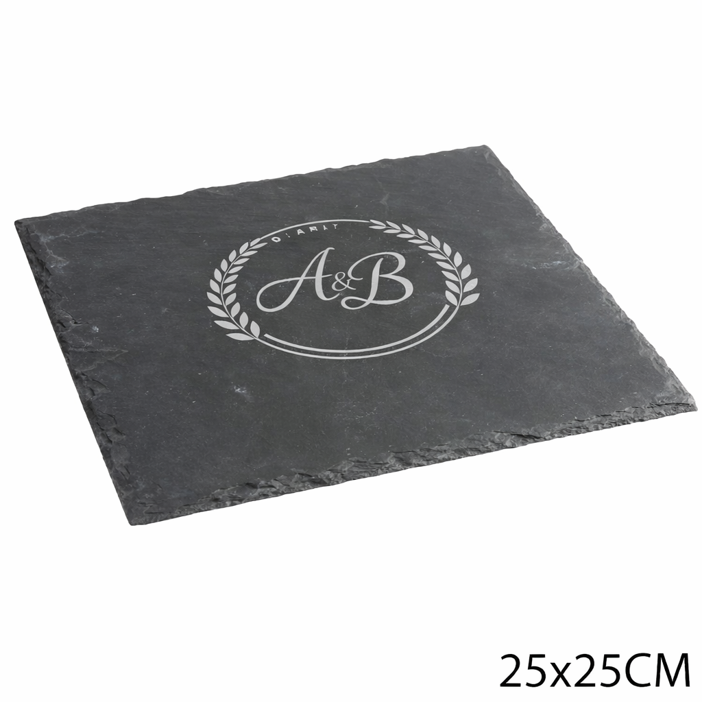 Plateau en ardoise 25x25 cm personnalisé avec gravure laser – Planche de présentation en pierre naturelle pour apéritif, fromages ou cadeau original