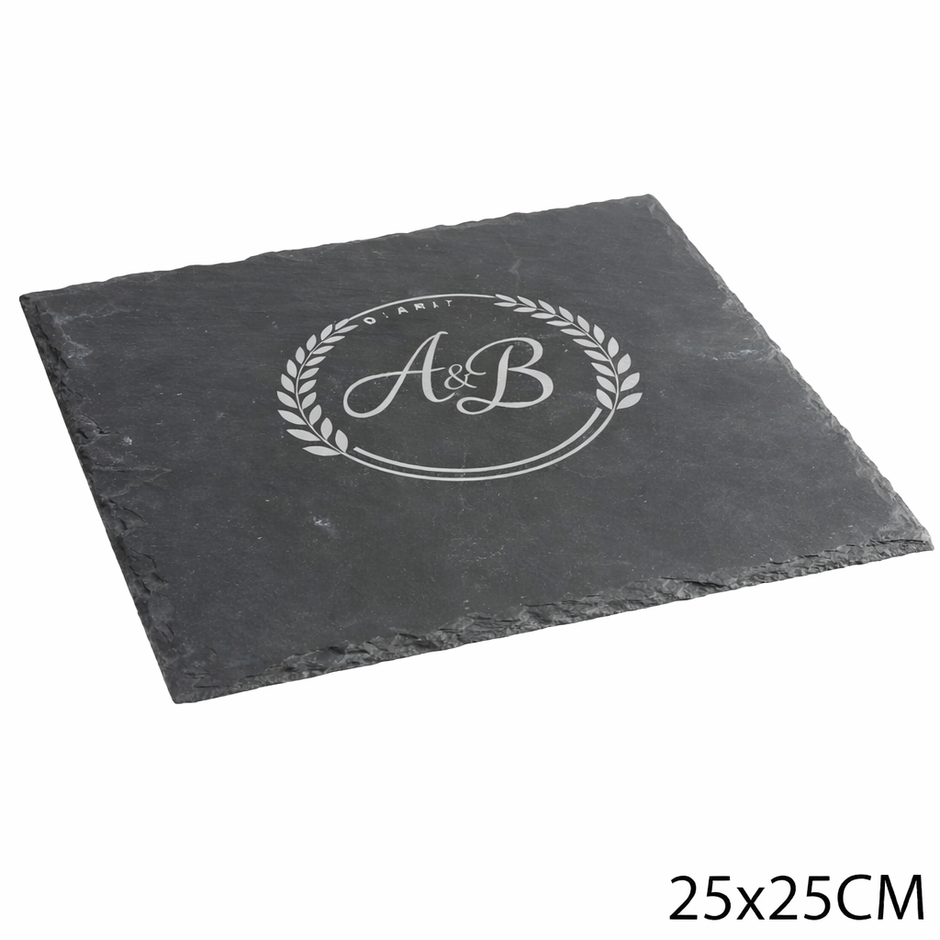 Plateau en ardoise 25x25 cm personnalisé avec gravure laser – Planche de présentation en pierre naturelle pour apéritif, fromages ou cadeau original