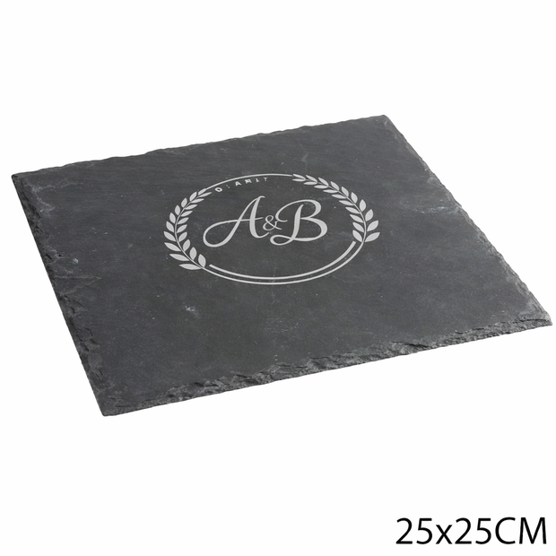 Plateau en ardoise 25x25 cm personnalisé avec gravure laser – Planche de présentation en pierre naturelle pour apéritif, fromages ou cadeau original