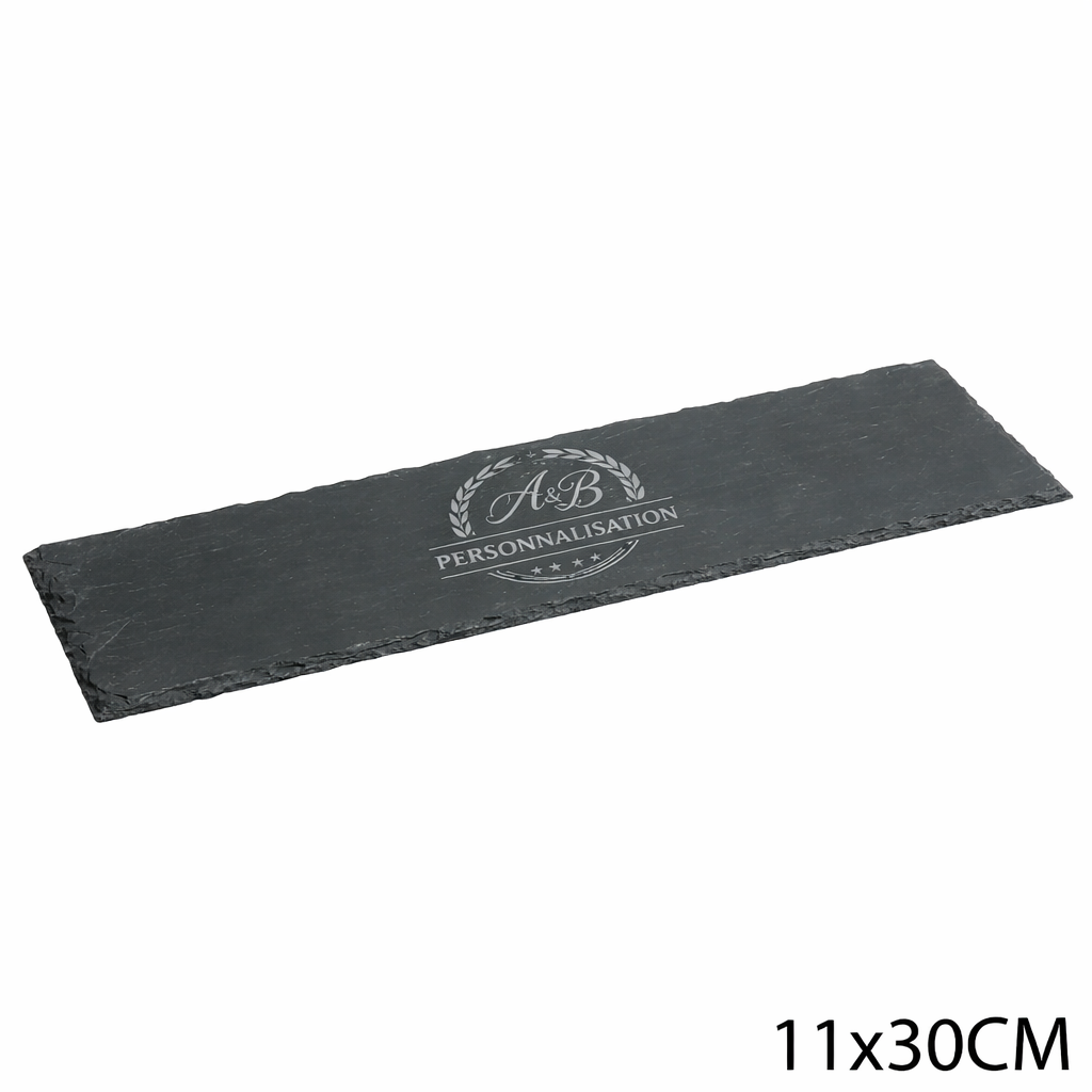 Plateau rectangulaire en ardoise naturelle 11x30 cm personnalisé avec gravure laser blanche – plateau apéritif ou planche de présentation élégante
