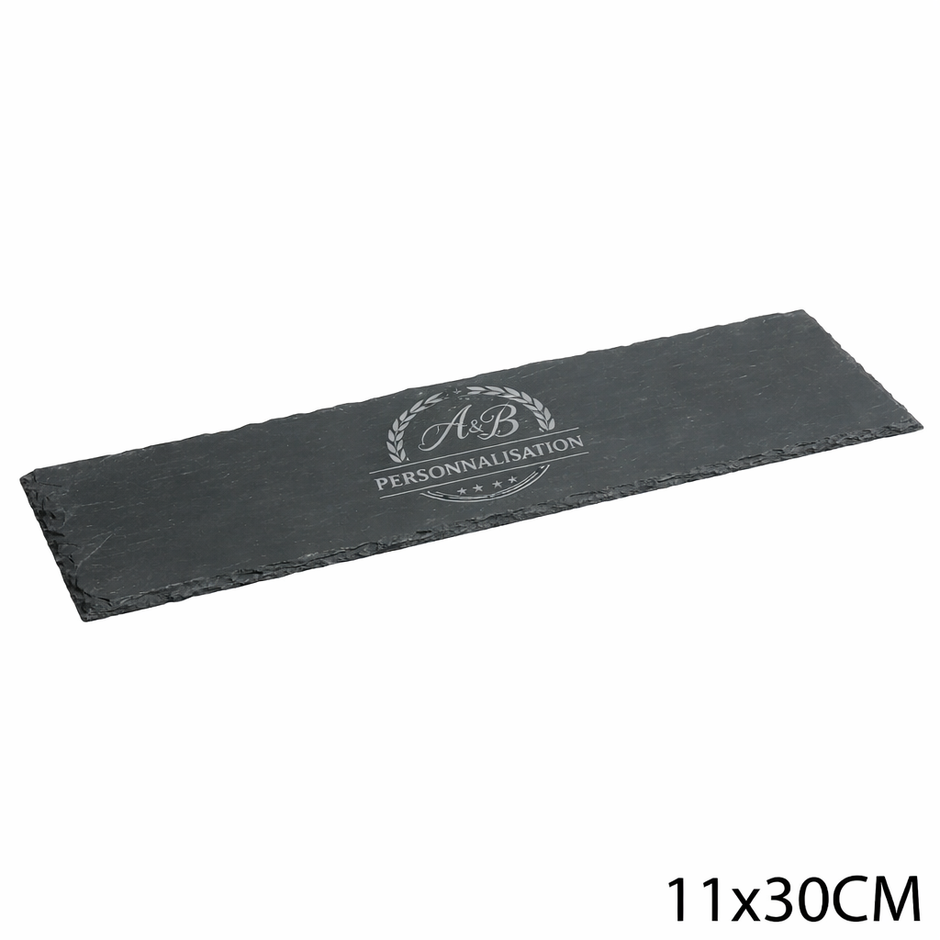 Plateau rectangulaire en ardoise naturelle 11x30 cm personnalisé avec gravure laser blanche – plateau apéritif ou planche de présentation élégante