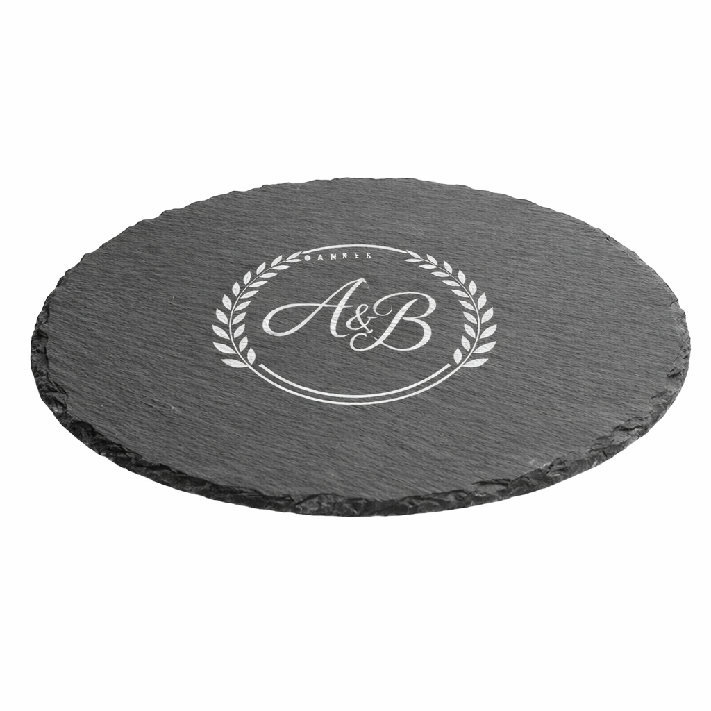 Plateau rond en ardoise naturelle personnalisé avec gravure laser blanche – dessous de plat ou plateau de service haut de gamme