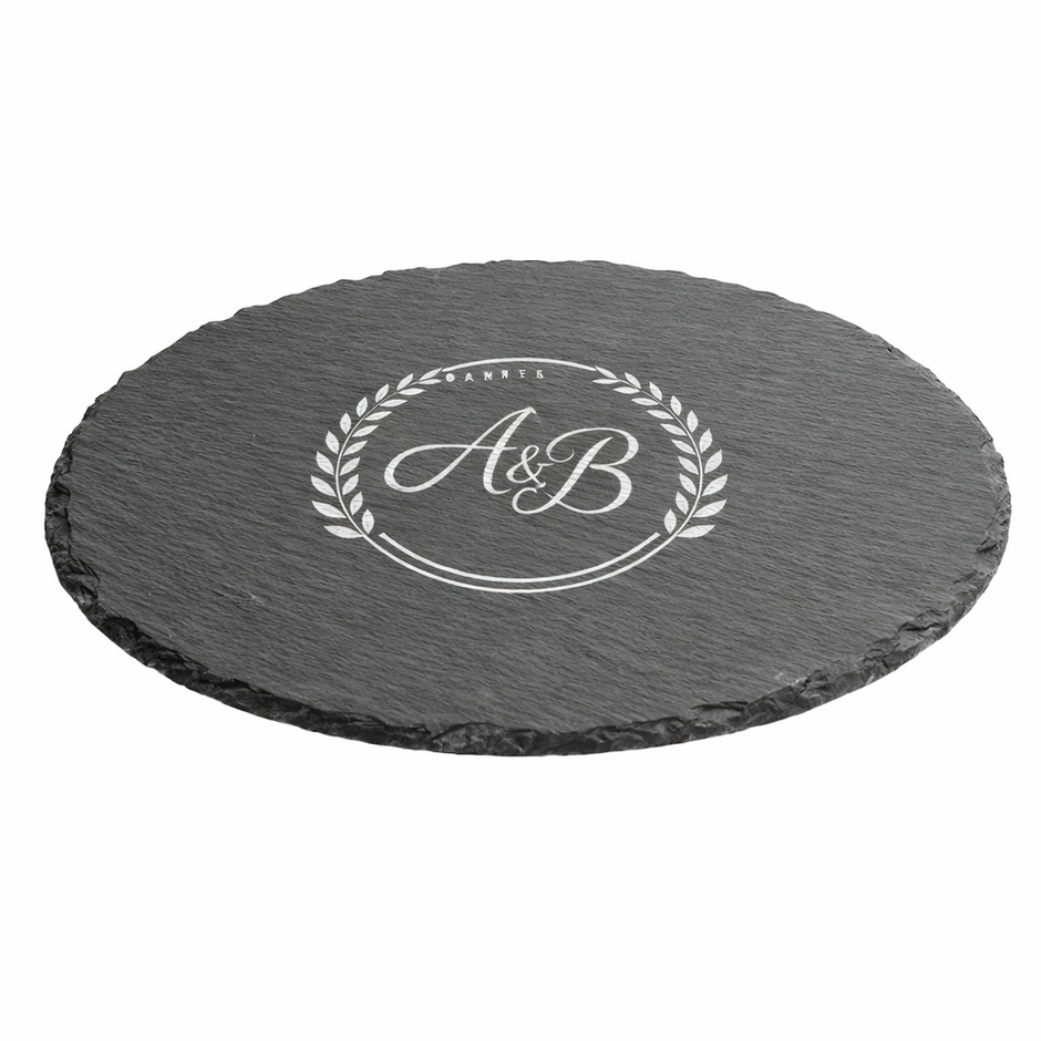 Plateau rond en ardoise naturelle personnalisé avec gravure laser blanche – dessous de plat ou plateau de service haut de gamme