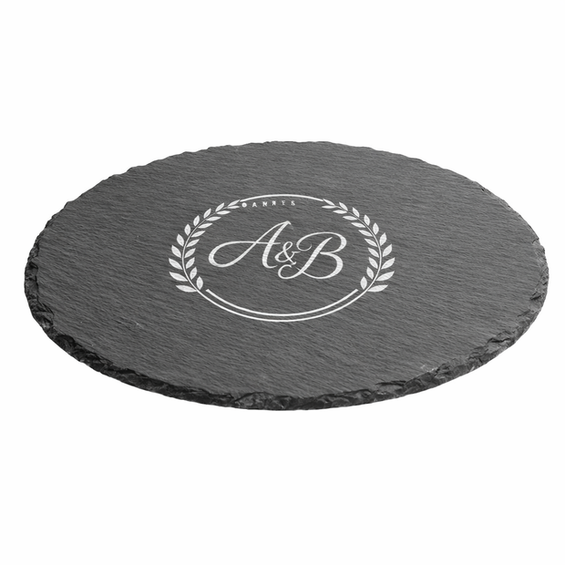 Plateau rond en ardoise naturelle personnalisé avec gravure laser blanche – dessous de plat ou plateau de service haut de gamme